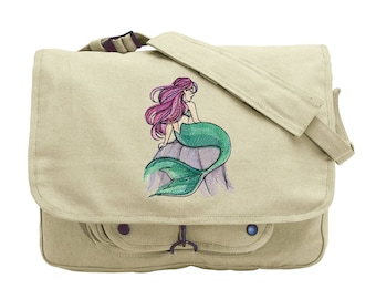 Painted Mermaid Embroidered Embroidered Canvas Messenger Bag