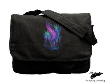 Aurora Borealis Forest, Forest Embroidered Canvas Messenger Bag, Aurora Borealis Bag