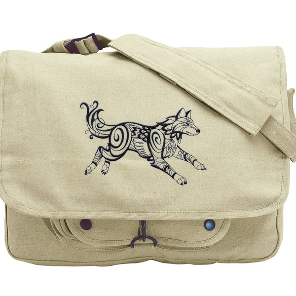 North Wind Wolf (Blackwork) Embroidered Canvas Messenger Bag