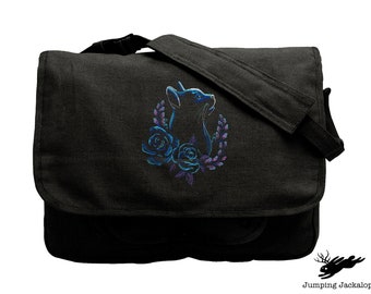 Rose Laurel Cat Embroidered Canvas Messenger Bag,  Cat Bag, Flower Cat Bag