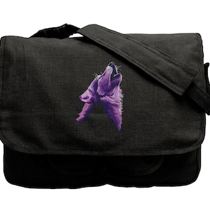 May include: A black canvas messenger bag with a purple wolf howling design.
