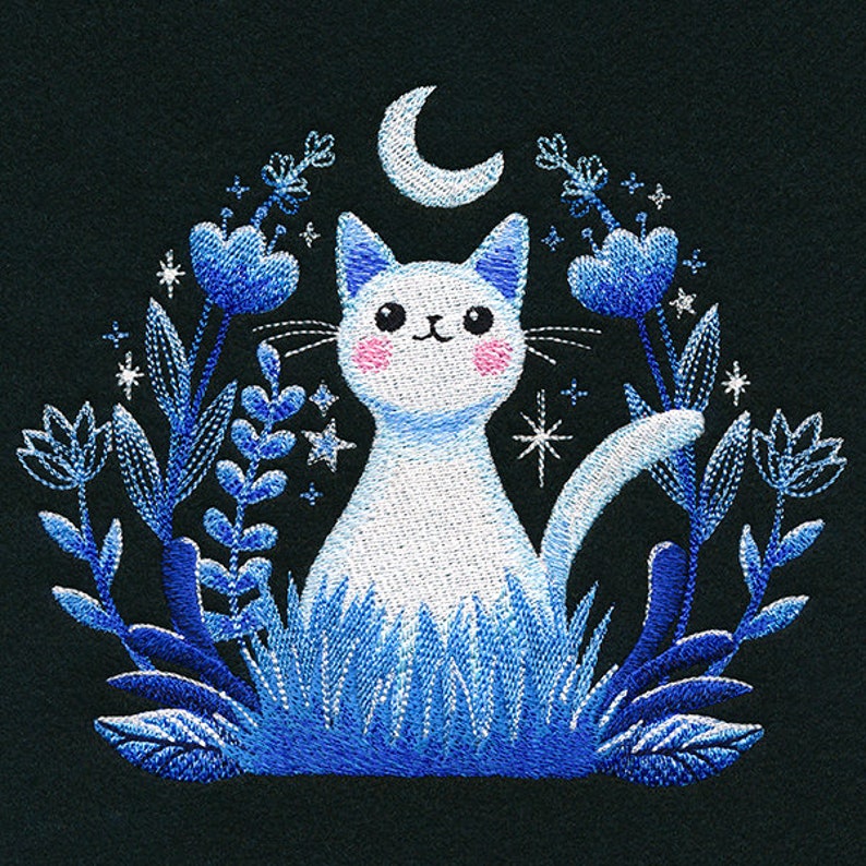 Moonlight Garden Kitty, Cat Design Bag Embroidered Canvas Messenger Bag 画像 2