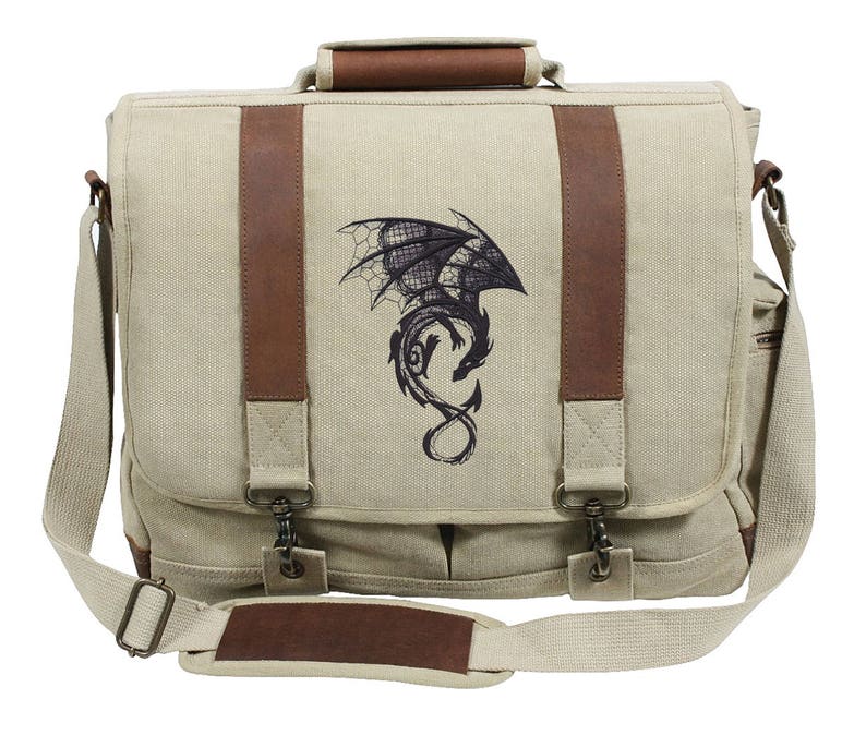 Dark Creatures Dragon Embroidered Canvas with Leather Accents Premium Laptop Bag