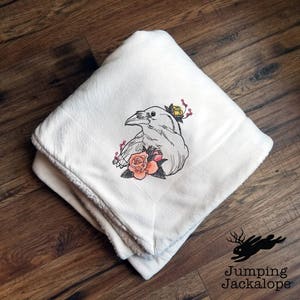 Dire Blooms - Raven and Flowers Embroidered Fleece Micro Mink Sherpa Blanket
