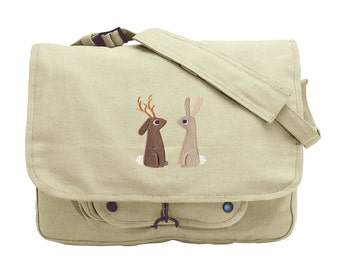 The Jackalope and the Rabbit Embroidered Canvas Messenger Bag