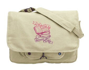 I've Lived a Thousand Lives Bag, Book Messenger Bag, Book Love Canvas Bag, Booked Up - Bibliophile Embroidered Canvas Messenger Bag