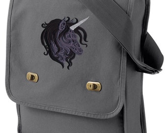 Unicorn bag, Unicorn messenger bag, Unicorn canvas bag, Baroque Unicorn Embroidered Canvas Field Bag