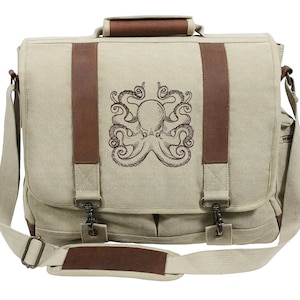 Nauticus - Octopus Embroidered Canvas with Leather Accents Premium Laptop Bag