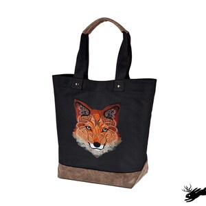 Herbst Barock Fox bestickt Canvas Tote mit Vegan Leder Akzenten