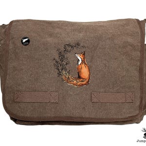 Borsa a tracolla in tela classica ricamata con motivo a volpe con coda di fiore, leggera, design a volpe, borsa a tracolla con tracolla a forma di volpe