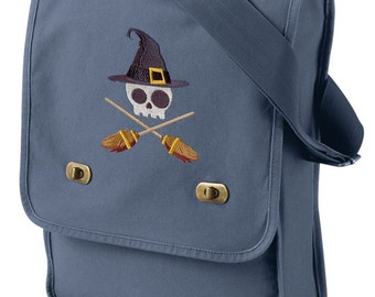 Skully Witch Embroidered Canvas Field Bag