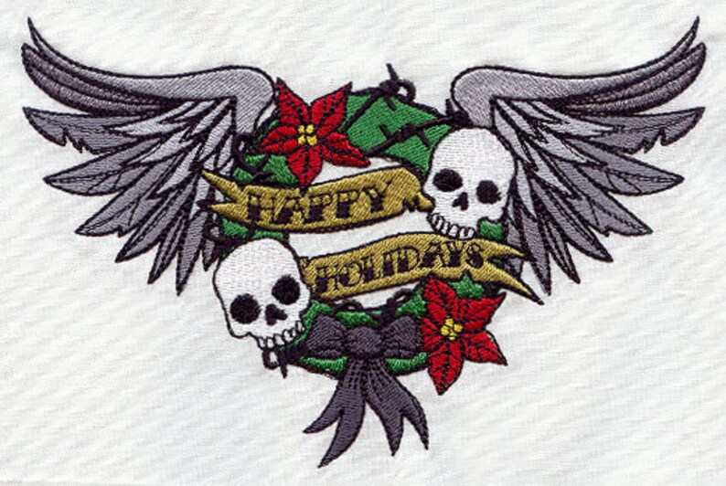 Tattoo Christmas Happy Holidays Wreath Embroidered Canvas Field Bag