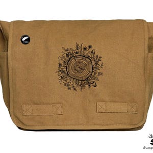 Botanical Tree Rings Design Embroidered Classic Canvas Messenger Bag, Mushroom Messenger Bag, Whimsical Mushrooms, Flowers, and Botanicals