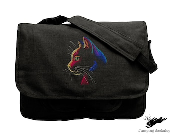 Midnight Wonders Kitty Embroidered Canvas Messenger Bag,  Cat Bag, Rainbow Cat Bag