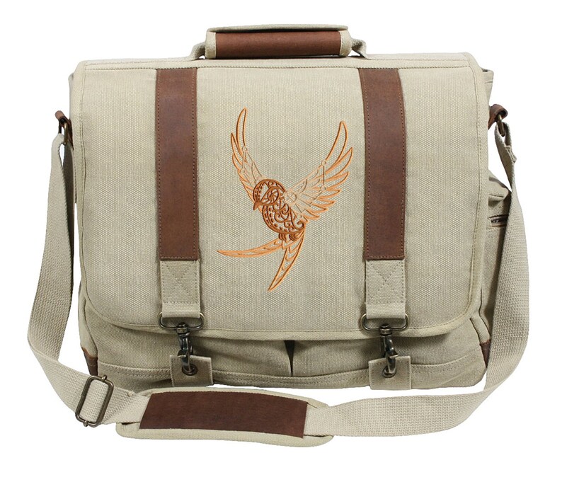 Intrepid Journey First Flight Swallow Bird Embroidered Canvas with Leather Accents Premium Laptop Bag