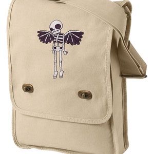 Winged Skeleton Embroidered Canvas Field Bag