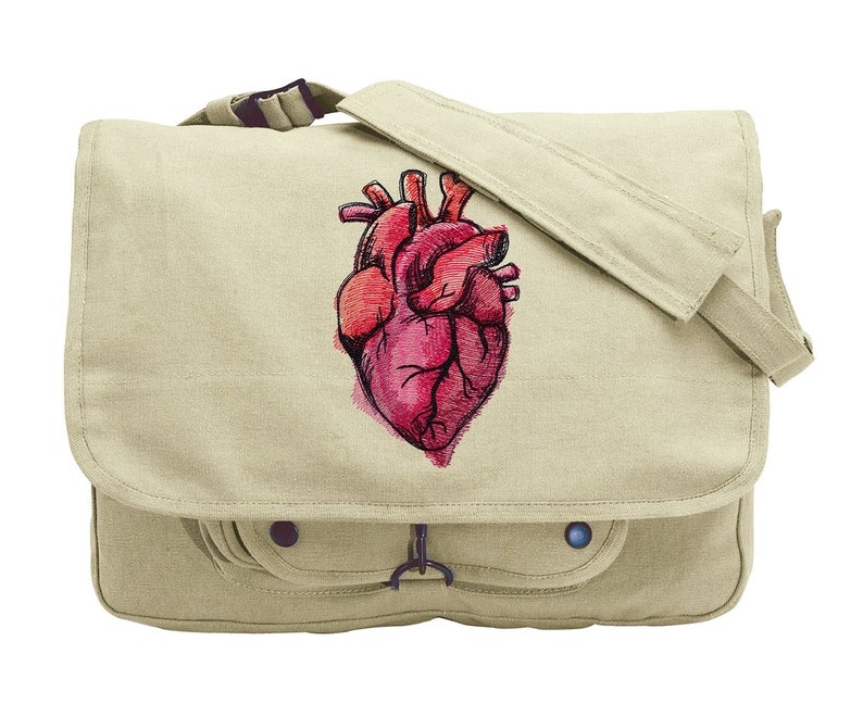Painted Anatomical Heart Embroidered Canvas Messenger Bag image 1