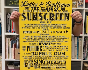 Sunscreen Lyric A3/A2 screenprint, Baz Luhrmann Print, sunscreen lyrics print, music print, music lover print, song print, pop music art