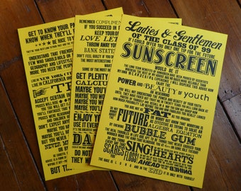 Sunscreen Lyric screenprint, Baz Luhrmann Lyrics Print, sunscreen lyrics print, music print, music lover print, song print, pop music art
