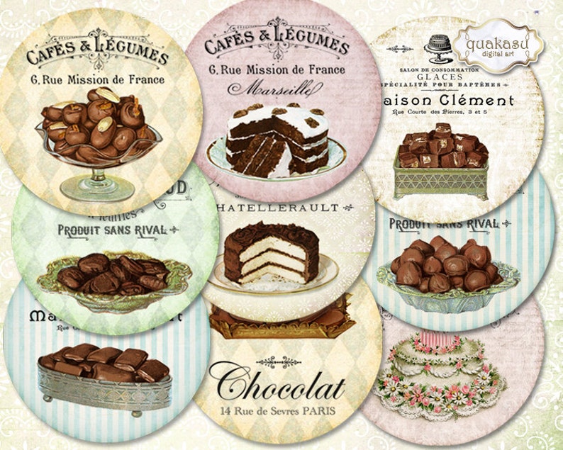Pocket Mirrors Circle Images 2,5 inch circles Chocolate Images French Sweets Printable Circles \u2013 Magnets Digital Collage Sheet