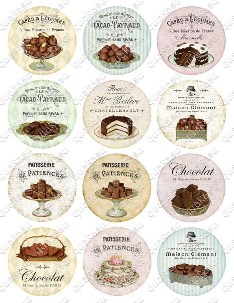 Pocket Mirrors Circle Images 2,5 inch circles Chocolate Images French Sweets Printable Circles \u2013 Magnets Digital Collage Sheet