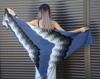 knitting shawl-gray knit shawl-wool knit shawl-boho kerchief-baktus knit-handmade shawl-triangular shawl-warp