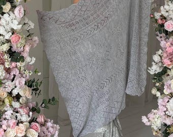 wedding knitting shawl-white knit shawl-wool knit shawl-grey kerchief-baktus knit-handmade shawl-triangular shawl-warp