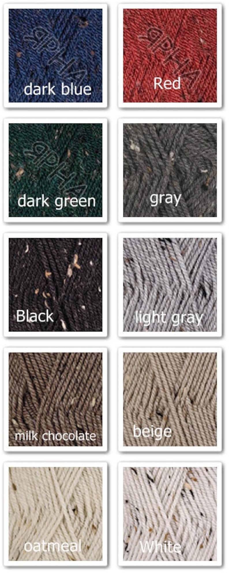 May include: A collection of yarn samples in various colors, including dark blue, red, dark green, gray, black, light gray, milk chocolate, beige, oatmeal, and white. Each yarn sample has a speckled texture.