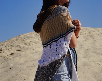 solaris knitting shawl-grey knit shawl-wool knit shawl-boho kerchief-baktus knit-handmade shawl-triangular shawl-warp