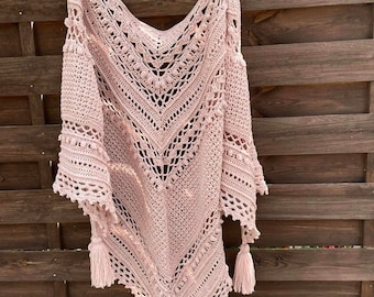 roze hoofddoek - boho gehaakte sjaal - gehaakte sjaal - handgemaakt - driehoekige sjaal - schering - baktus crochet