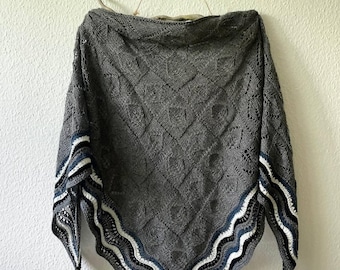 boho shawl hand knit blue shawlknitting shawl triangular shawl  warm winter accessory knitting scarf shawl with fringe boho knitted scarf