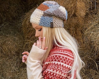 Vintage Crochet Hat Y2K Handmade Beanie Teal Cap Bohemian Retro