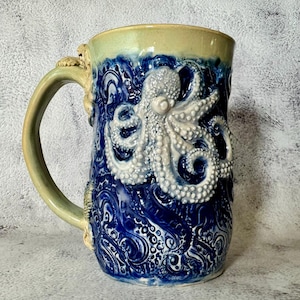 One-of-a-kind ceramic mug handmade cup approx 14-ish ozs beach ocean octopus shells summer