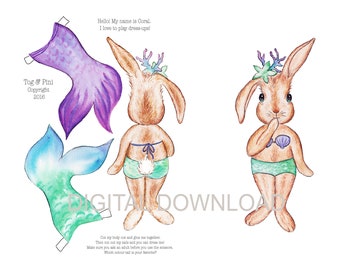 DIY Paper Doll Mer-bunny Greeting Card  / mermaid, rabbit party decoration, digital download, birthday, easter decoration, easter, printable