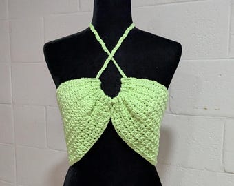 Lime Green Crochet Halter Top, Glow-in-the-Dark Butterfly Rave Bralette