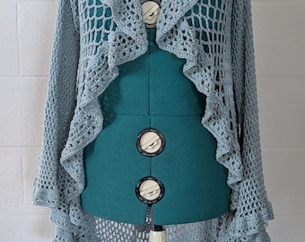 Mystic Mandala Crochet Duster, Blue Succulent Boho Cardigan, Long Bell Sleeve Pixie Lace, Ethereal Festival Jacket, Witchy Cottagecore Gift