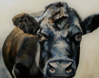 BLACK ANGUS COW- Fine Art Print - 11" x 14" Gallery Wrapped Giclee' From Original Oil Painting Farm Animal