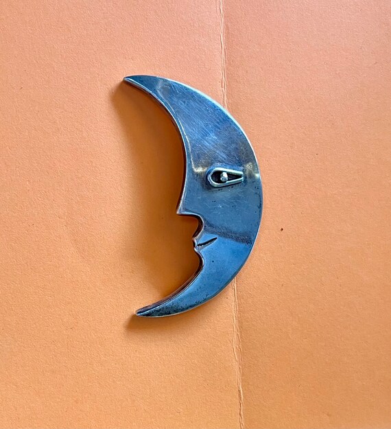 Vintage Sterling Man in the Moon Brooch Large Cre… - image 1