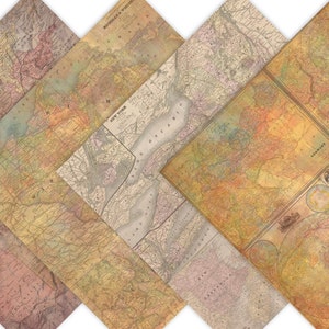 May include: A collection of vintage maps with a faded, antique look. The maps are printed on paper with a textured surface and feature various geographical locations. The maps are arranged in a layered, overlapping pattern, creating a visually interesting and nostalgic aesthetic.