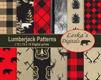 Lumberjack rustic forest background: "LUMBERJACK DIGITAL PAPER" Digital Scrapbook Paper for forest lovers, plaid, deer, woods, bear, axe