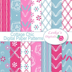 Cottage chic digital paper - pink digital paper sheets, floral digital papers, digital chevron papers, pink digital stripe papers