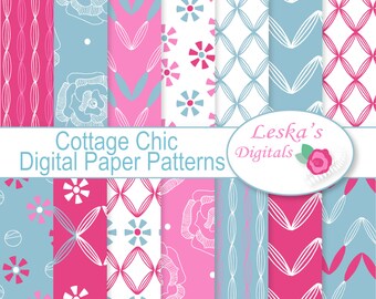 Papel digital Cottage chic - hojas de papel digital rosa, papeles digitales florales, papeles chevron digitales, papeles de rayas digitales rosas