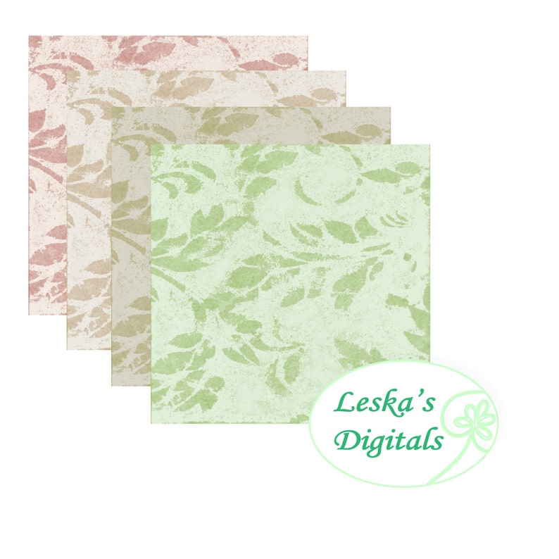 May include: Four digital paper sheets with a vintage floral pattern in shades of pink, beige, and green. The sheets are stacked on top of each other, with the green sheet on top. The text "Leska's Digitals" is visible in the lower right corner.