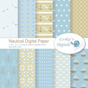 Maritimes digitales Papier; Baby Junge nautisches Kinderzimmer Muster, Meer, Fische, Anker, Seil, Segelboot, hellblau nautisches digitales Papier