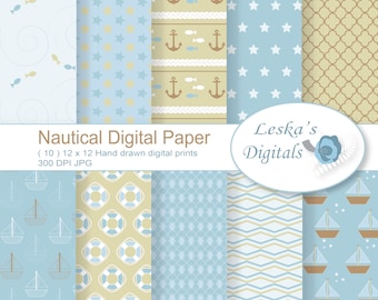 Nautical digital paper; baby boy nautical nursery patterns, sea, fish, anchors, rope, sail boat, light blue nautical digital paper