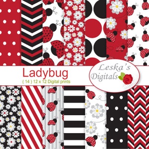 Ladybug digital papers, scrapbook paper for commercial use, red white and black patterned paper, ladybug background