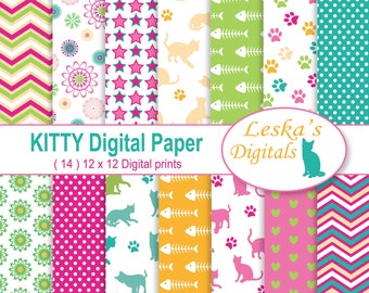 May include: A set of 14 digital papers featuring various cat-themed patterns. The patterns include paw prints, fish bones, stars, polka dots, chevron stripes, and floral designs. The papers are in a variety of colors, including pink, green, blue, yellow, and white. The text "Kitty Digital Paper (14) 12 x 12 Digital prints" and "Leska's Digitals" is included in the image.
