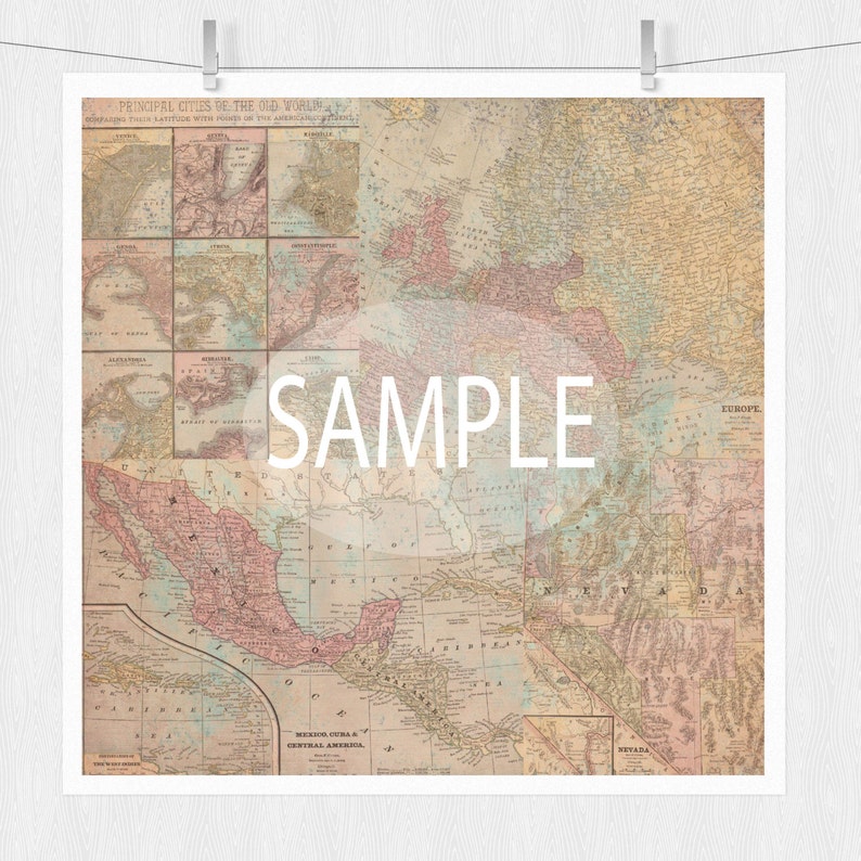 May include: An antique map of North America, Mexico, and Central America. The map is printed on paper with a cream background and features a variety of colors, including pink, blue, and green. The map includes the text "PRINCIPAL CITIES OF THE OLD WORLD" and "MEXICO, CUBA & CENTRAL AMERICA".