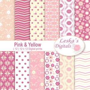 Pink and Yellow Digital Paper, Scrapbooking Paper, Pink and yellow patterned paper, Digital scrapbook paper, baby girl background