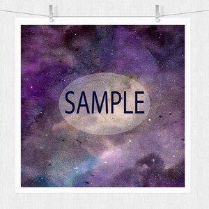 May include: A watercolor painting of a galaxy with purple, blue, and gray hues. The galaxy is filled with stars and a large, white circle with the word "SAMPLE" in dark blue text.